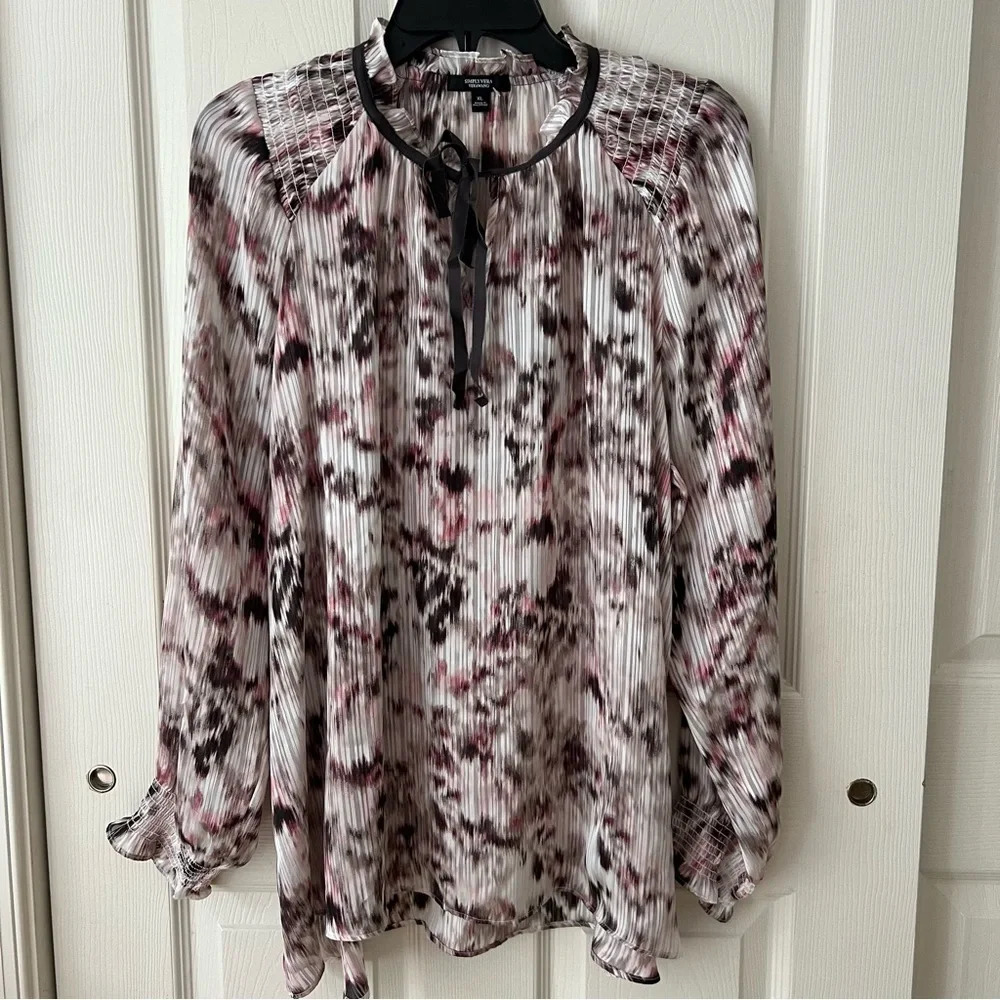 SIMPLYVERA Vera Wang Smocked Watercolor Chiffon Long Sleeves Tie Front Blouse XL - Picture 1 of 15